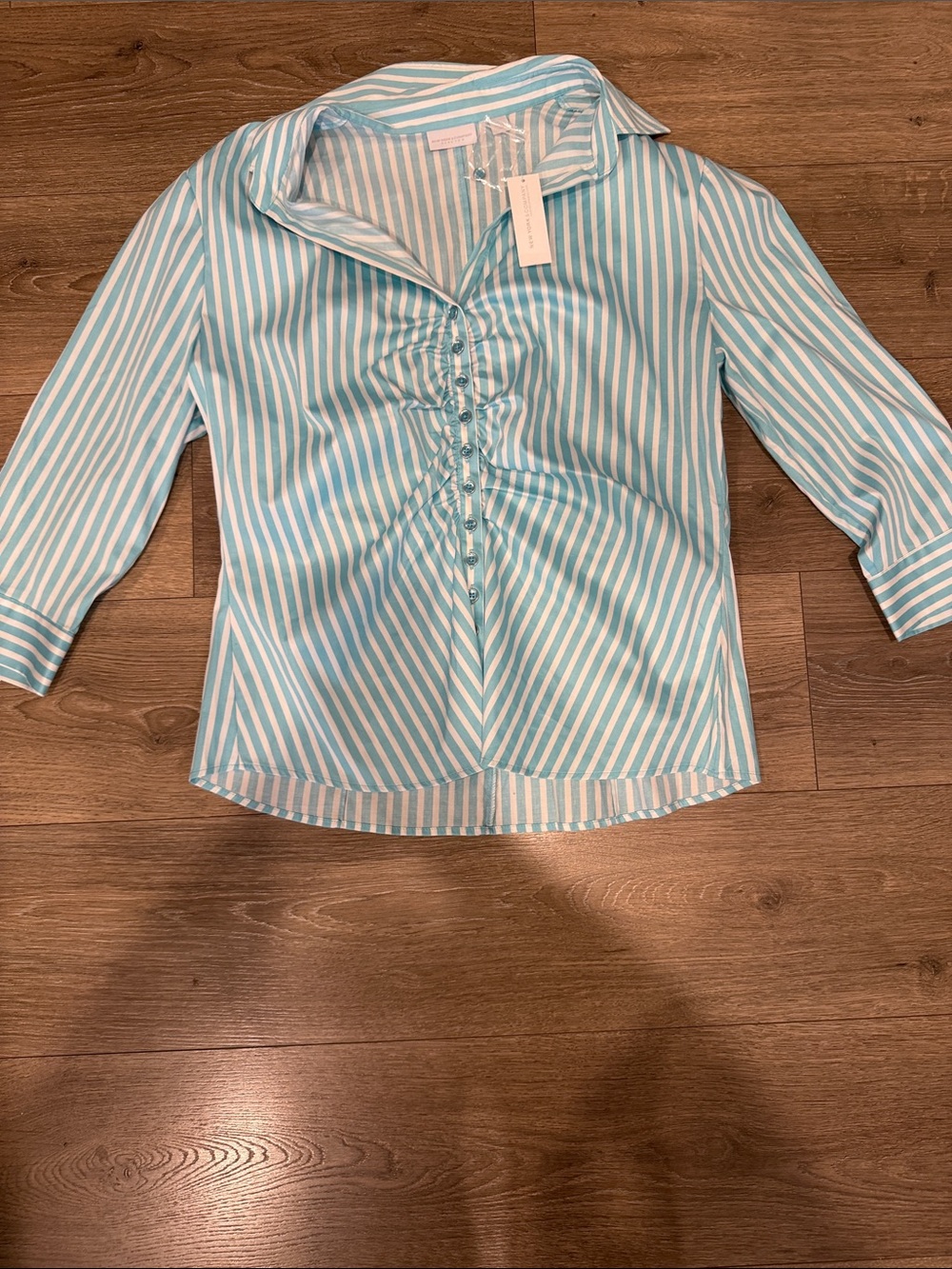 New York & Company Aqua and White Striped Button-Down Shirt